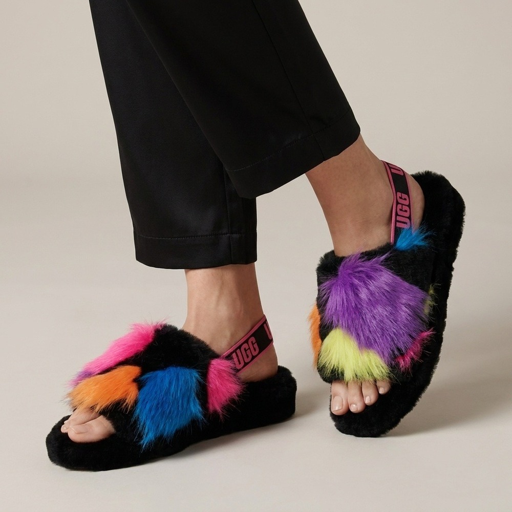 UGG Fluff Yeah Slide Black Multi Neon Faux Fur Slingback Sandals Womens 7